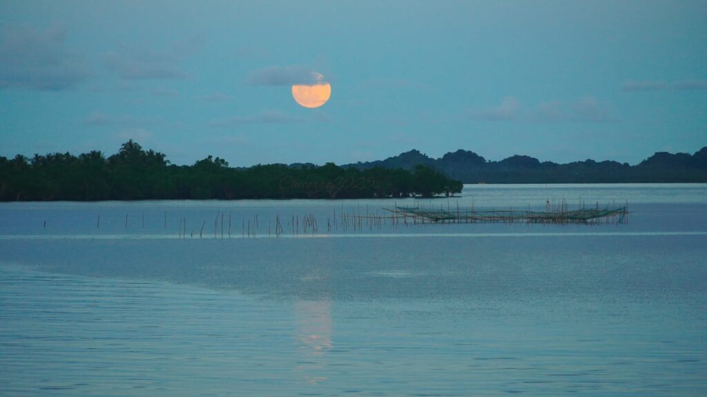 A serene full moon rising over peaceful waters and lush landscape in Eastern Visayas, Philippines.